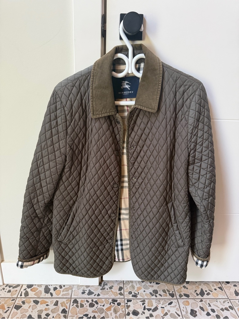 Burberry Quilted Olive Green Jacket with Corduroy Collar
